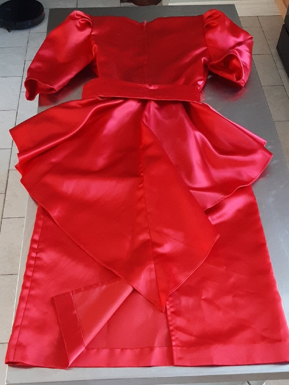 70's NU-MODE💋True Deep Red V‑Neck Midi Dress with Rosette Belt Back Zip Sz S - Picture 10 of 10
